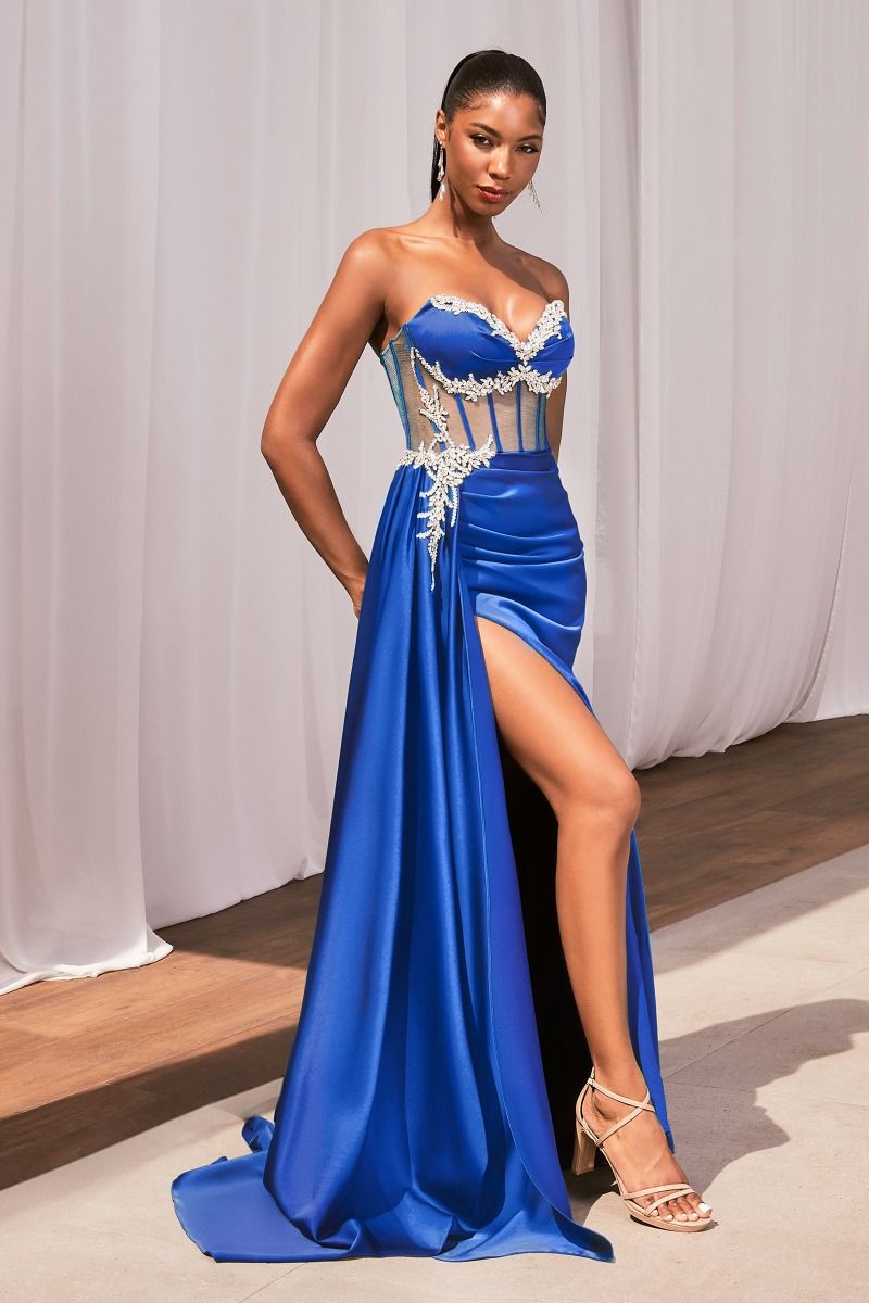 Corset Prom Dress With Slit Ladivine CD343 Sheer Corset Satin Slit