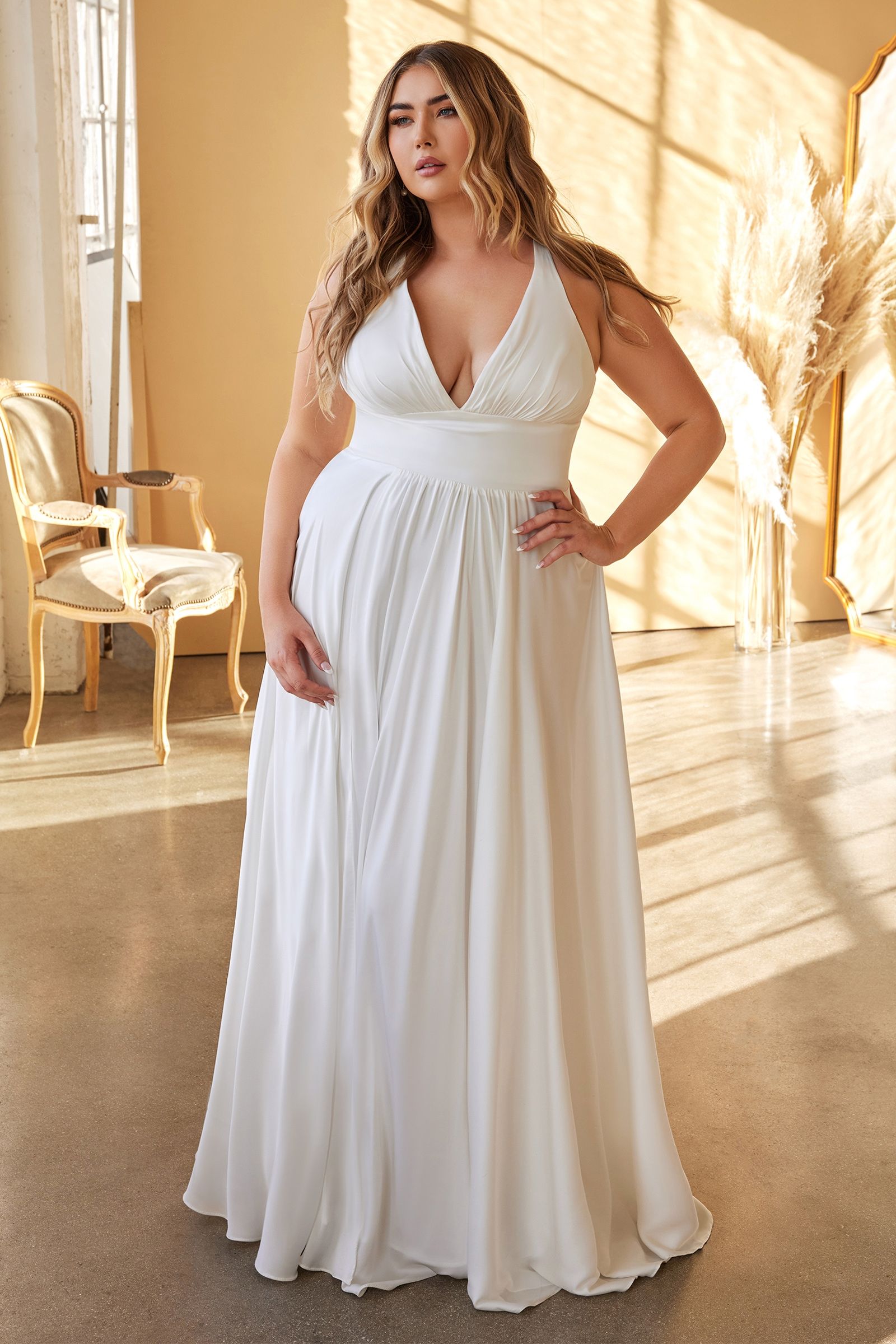 white wedding dress women Ladivine 7469W and 7469WW White Wedding Dress Long Simple Slit Satin V Neck A Line Evening Gown 16 / Off White