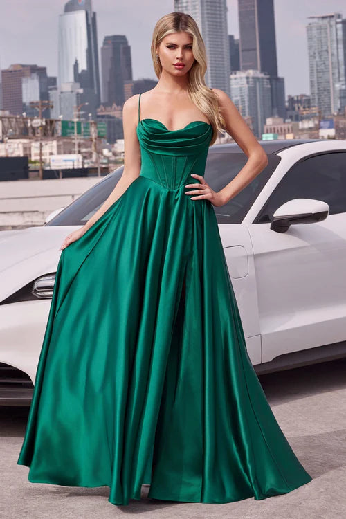 Ladivine 7481  Emerald Green Luxe Satin A Line Corset Bridesmaids Dress