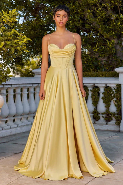 Ladivine 7481  Light Yellow Luxe Satin A Line Corset Bridesmaids Dress