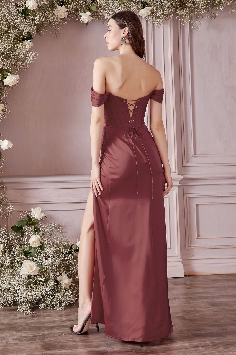 off the shoulder corset dress Fitted Satin Slit Gown by Nox Anabel R1236 ABC Fashion themed wedding Sherri Hill Off Shoulder Lace
