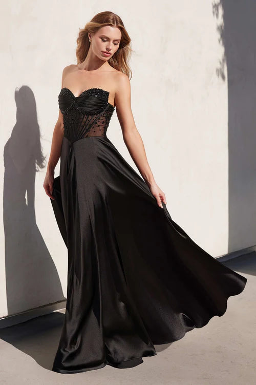 Ladivine CD297 Strapless Beaded A Line Prom Dress Satin Strapless Sweetheart Neckline 14 / Black