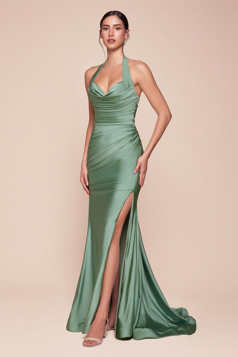 Ladivine CD796 dark sage dress spandex satin front