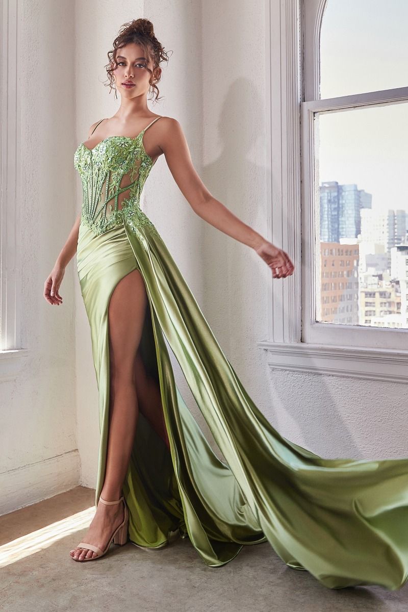 The Ladivine CD868 Greenery Sheer Corset Maxi Slit Prom Dress is a luxurious gown with an impeccable silhouette. Crafted with a sheer corset and maxi slit, this gown is sure to make a statement at your next event. Perfect for all formal occasions, the dress is a perfect blend of fashion and style. Time to step into something glam and sexy. Crafted with exquisite lace and satin fabrics, our embellished lace & satin dress is the perfect addition to your wardrobe.