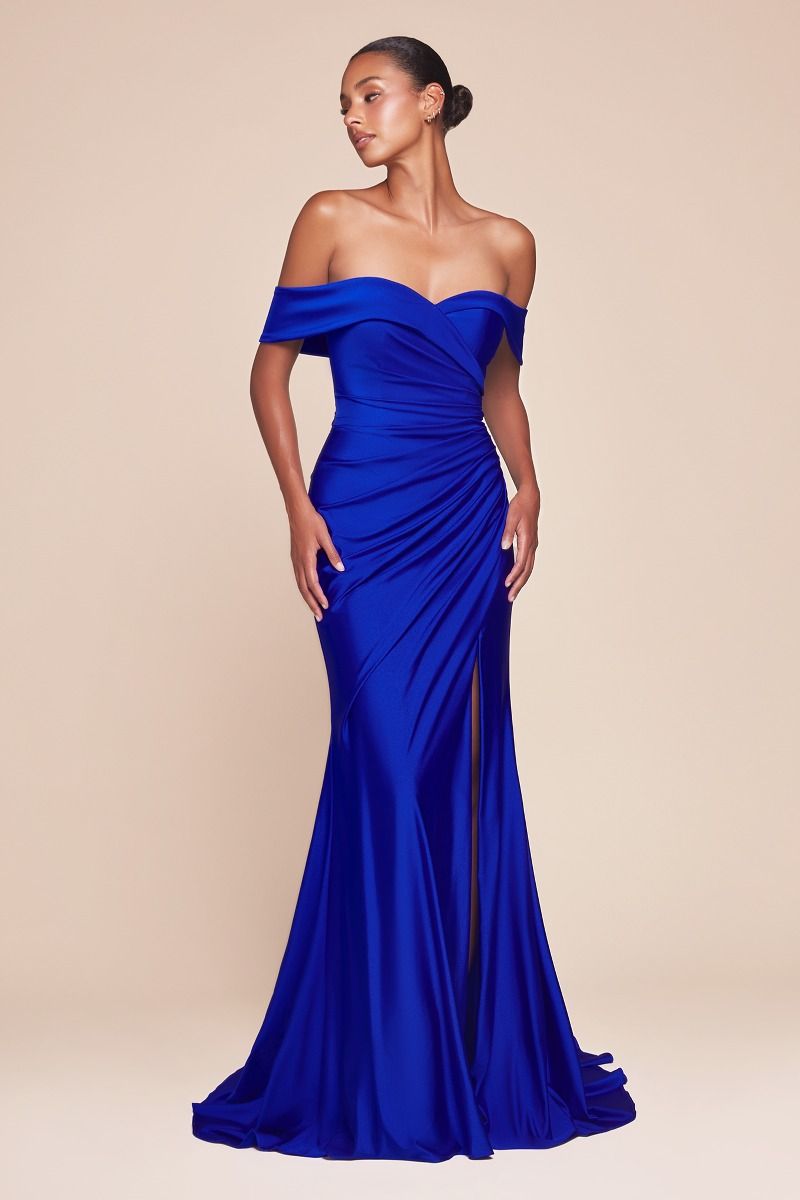 Ladivine CD790 Off Shoulder Stretch Spandex Satin Leg Slit Dress, Royal / 2 Ladivine CD790 Off Shoulder Stretch Spandex Satin Leg Slit Dress, Royal / 2