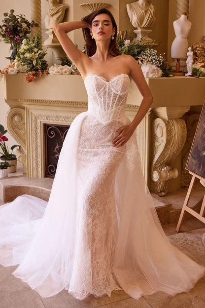 Ladivine WL044 Long Fitted Corset Wedding Dress Lace Overskirt Strapless Mermaid Bridal Gown