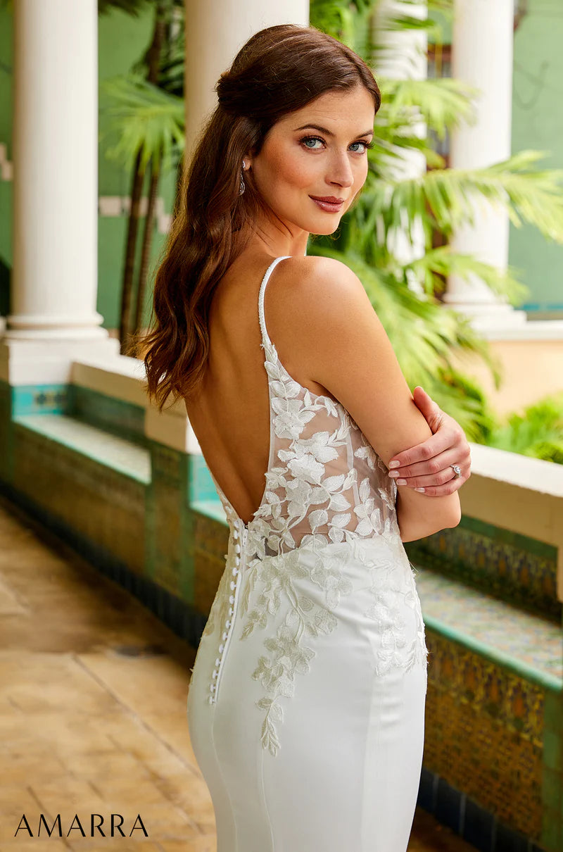Amarra Bridal 84390 Liliana A-Line Sheer Floral Bodice V-Neck Spaghetti Straps Open Back Train Wedding Gown. For the bride who’s looking for a trumpet-style wedding dress that turns heads and draws eyes, Liliana may be the perfect gown. 