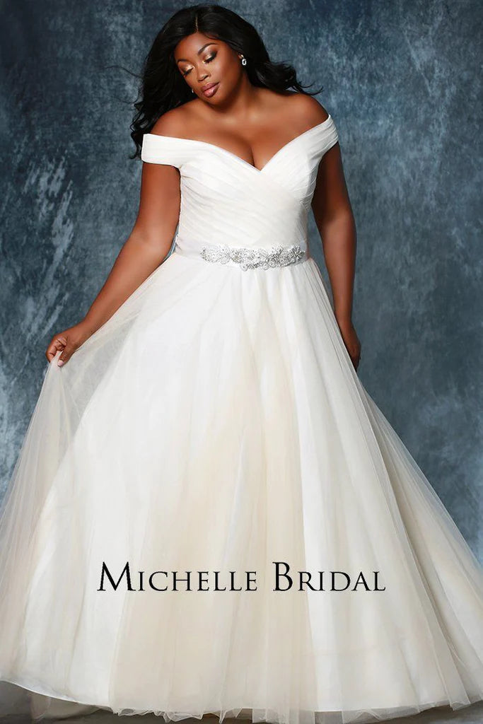 Michelle Bride For Sydney's Closet MB1812 A-Line V-Neck Lace Up Back Off The Shoulder Straps Pleated Plus Size Bridal Gown. Look radiant in the Michelle Bride For Sydney's Closet MB1812 A-Line V-Neck Gown. Crafted from quality fabric, this design features off the shoulder straps, a pleated bodice, and a lace-up back for an adjustable fit. Perfect for the plus-size bride!