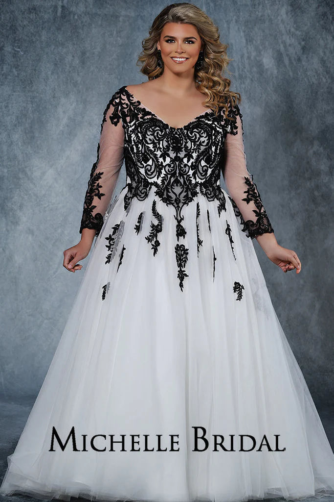 Experience elegance and luxury with this beautiful Michelle Bridal for Sydney's Closet MB2118 gown. It features a v-neck silhouette with long sleeves, embroidered lace appliques, and sequins for a truly unique look. Plus size and "Madonna" styles also available.