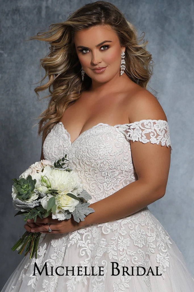 Michelle Bridal For Sydney's Closet MB2102 Ballgown Silhouette Soft Bridal Tulle Over Embossed Tulle With Floral Pattern Beading Embroidered Lace Appliques Clear Sequins Sweetheart Neckline Off-The-Shoulder Lace Straps Plus Size "Faith" Bridal Dress. 