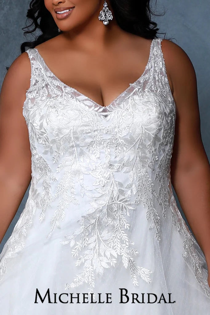 Michelle Bridal For Sydney's Closet MB2208 A-Line Traps With Lace Appliques On Net Ivory Shimmer Floral Appliques V-Neck Lace Leaf Embroidery Plus Size "Esme" Bridal Gown