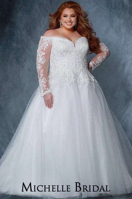 Michelle Bridal For Sydney's Closet MB2210 A-Line Silhouette Beaded Scalloped Neckline And Sleeve Clear Bugle Beads Back Basque Waist Long Sleeves Off The Shoulder Plus Size "Madeline" Bridal Gown. The Michelle Bridal For Sydney's Closet MB2210 bridal gown is an exquisite piece of craftsmanship. Featuring an A-line silhouette, a scalloped neckline and sleeve, clear bugle beads, a back basque waist, and off-the-shoulder long sleeves