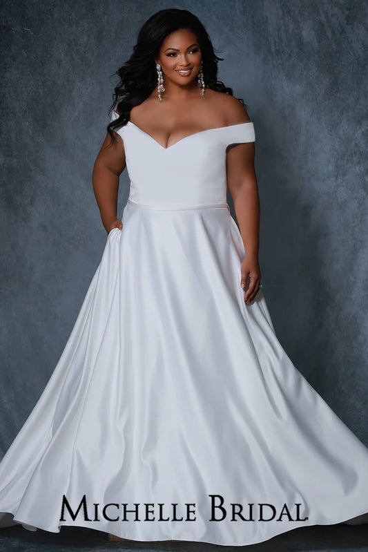 Michelle Bridal For Sydney's Closet MB2217 A-line Silhouette Off-The-Shoulder Straps Optional Satin Belt Pockets Thick Bridal Satin Plus Size "Bella" Bridal Gown. The Michelle Bridal For Sydney's Closet MB2217 bridal gown features an A-line silhouette and optional off-the-shoulder straps for extra style. Crafted with thick bridal satin and pockets, the gown also includes an optional satin belt to customize the look. Plus size available.