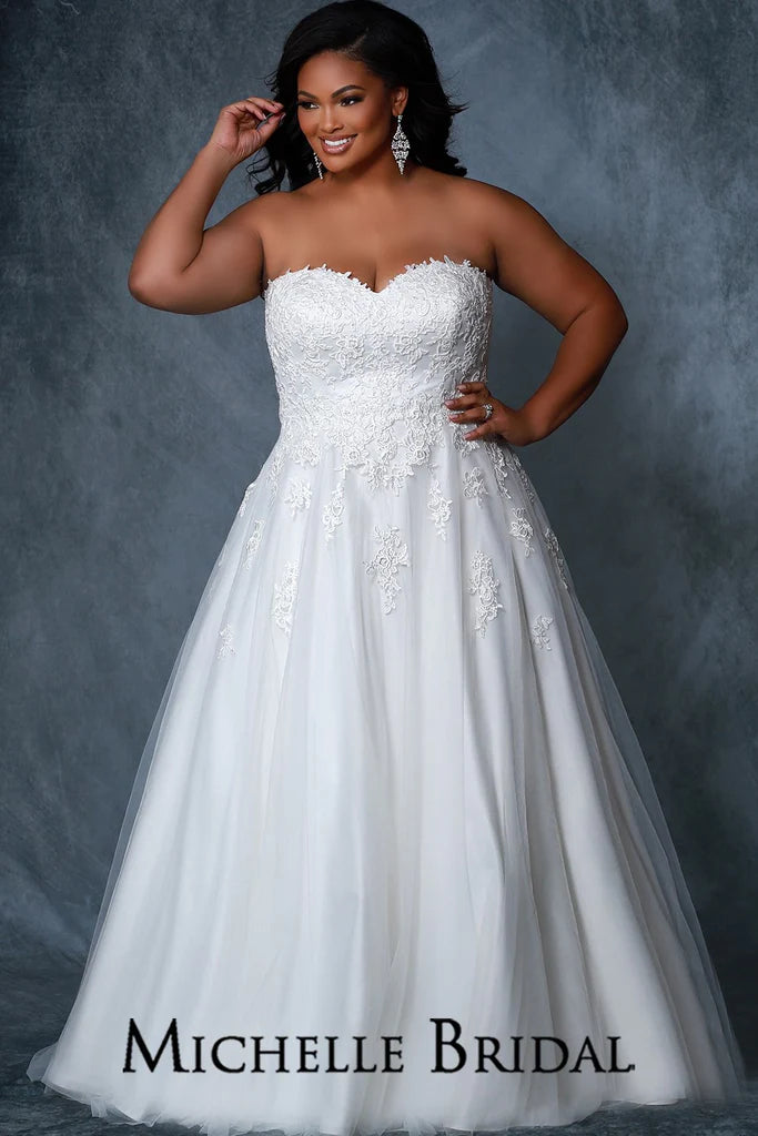 Michelle Bridal for Sydney's Closet MB2219 A-Line Silhouette Strapless Optional Straps Covered in Lace to Match Bodice Sweetheart Neckline Beaded