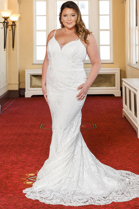 Michelle Bridal For Sydney's Closet MB2314 Slim Silhouette Crochet Lace Bridal Tulle V-Neck Optional Modesty Panelt Plus Size "Maya" Bridal Gown. The Michelle Bridal for Sydney's Closet MB2314 gown is the perfect choice for the modern bride. This slim silhouette gown is crafted with intricate crochet lace and soft tulle, and features an optional modesty panel for added coverage. The V-neckline flatters the figure, while the plus size construction ensures a perfect fit. This dress exudes luxury, 