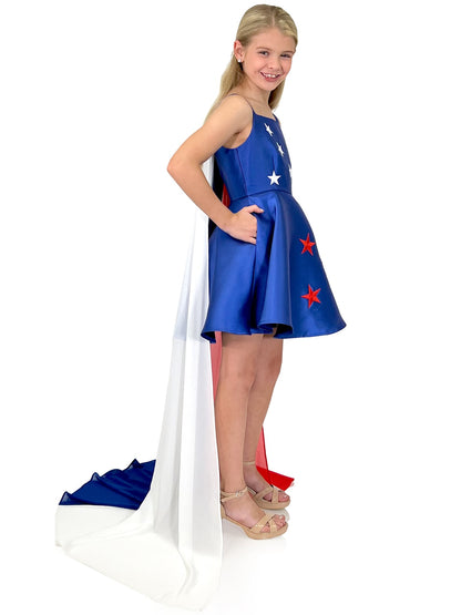 Marc Defang 5030 Red White & Blue Girls Pageant Fun Fashion Cape Detachable chiffon skirt/cape. Stars adorn he short a line dress. Perfect for Fun Fashion! Fourth of July - Independence Day Pageant  Available Sizes: 4-14  Colors: Red/White/Blue