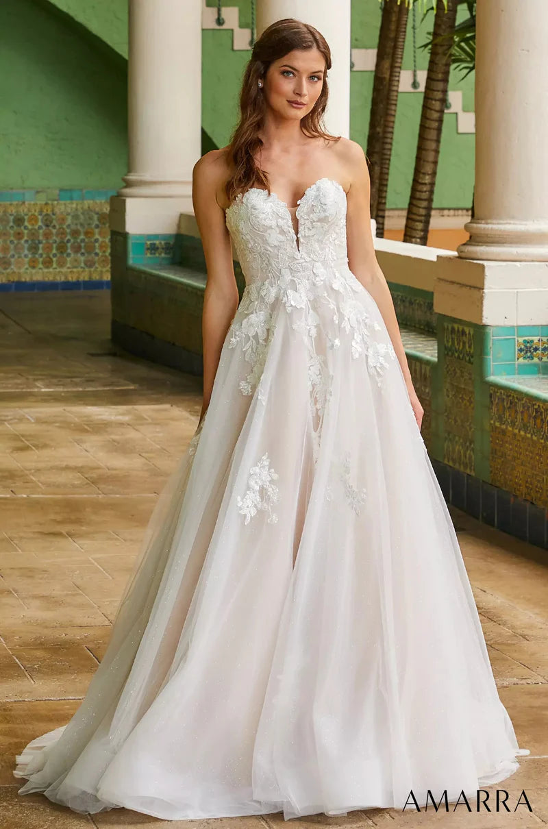 Amarra Bridal 84389 Madison Wedding Dress A Line Ballgown Sweetheart Neckline Strapless Floral Tulle Train Bridal Gown 16 / Ivory/Nude