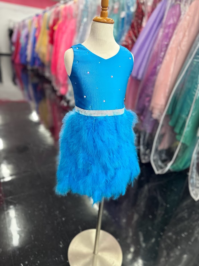 Marc Defang 5072 This is a short dress for girls and preteens pageant dresses.  It has a modest scoop neckline with embellishments throughout and a crystal waistline.  It stands out because it has a feather skirt.  Available colors:  Frozen Blue  Available sizes:  4, 8