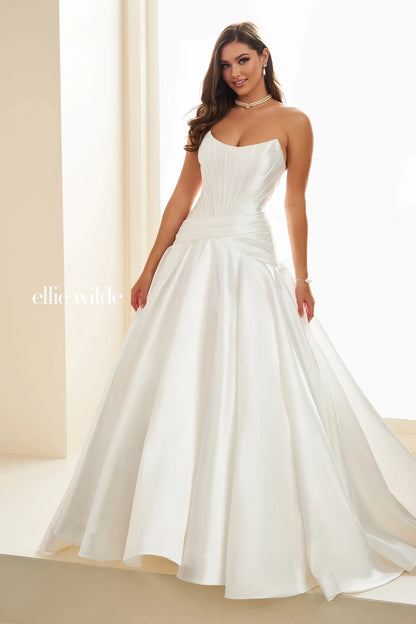 Ellie Wilde EW36105 Size 12 White Wedding Dress Drop Waist Scoop Neck Ballgown Prom Pageant Formal