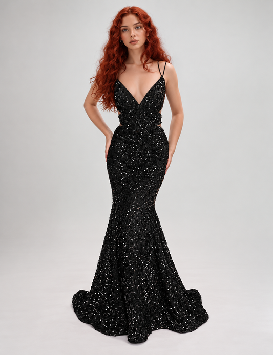 Nina Canacci 1579 Size 4,10 Black Velvet Sequin Prom Dress Backless