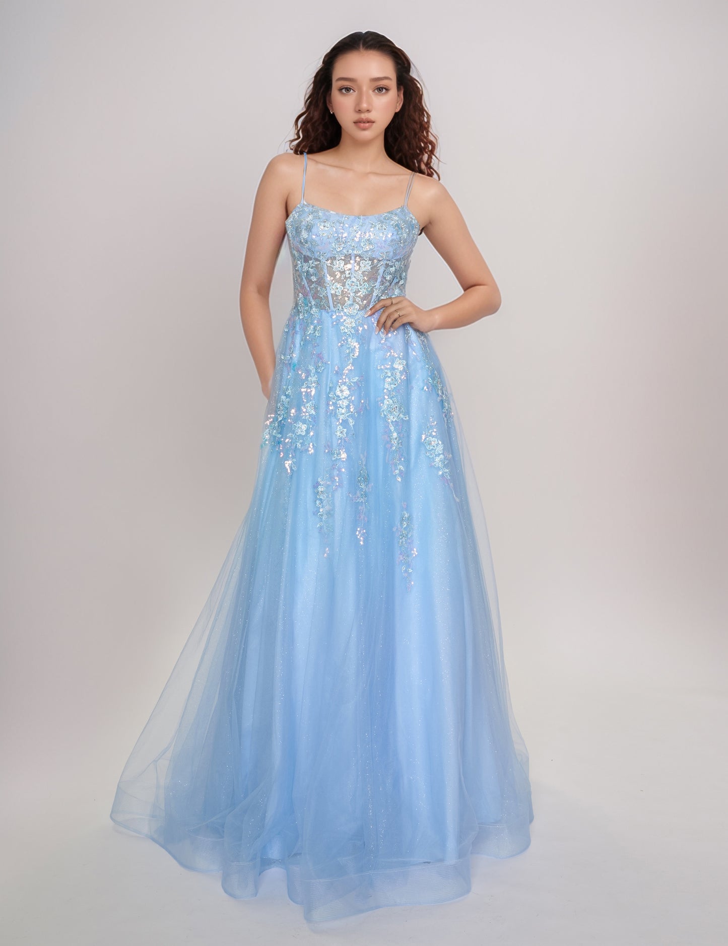 Nina Canacci 1587 Light Blue Sheer Corset Prom Dress A Line Sequin Scoop neck formal ballgown