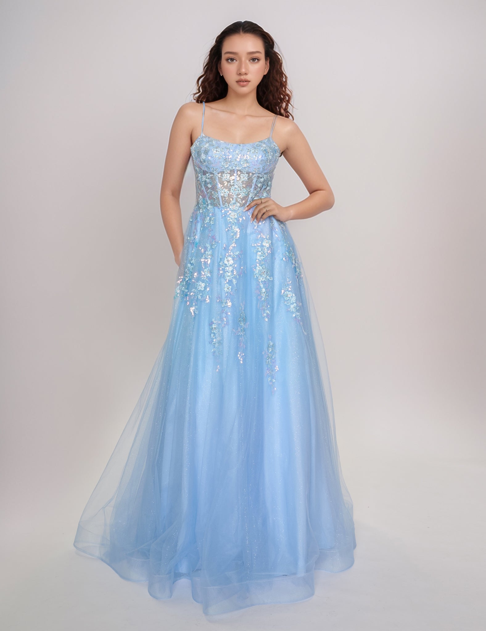 Nina Canacci 1587 Light Blue Sheer Corset Prom Dress A Line Sequin Scoop neck formal ballgown