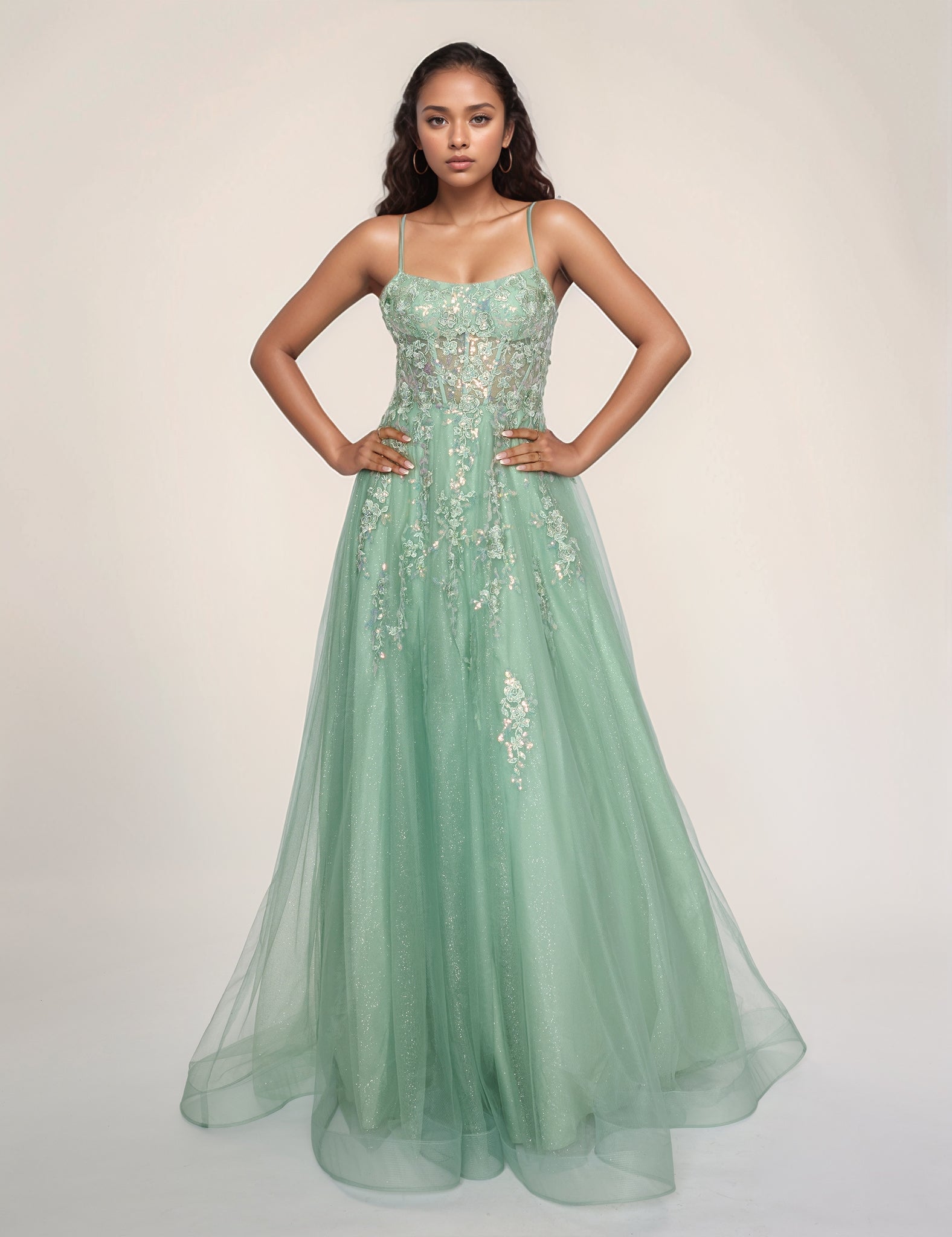 Nina Canacci 1587 Sage Sheer Corset Prom Dress A Line Sequin Scoop neck formal ballgown