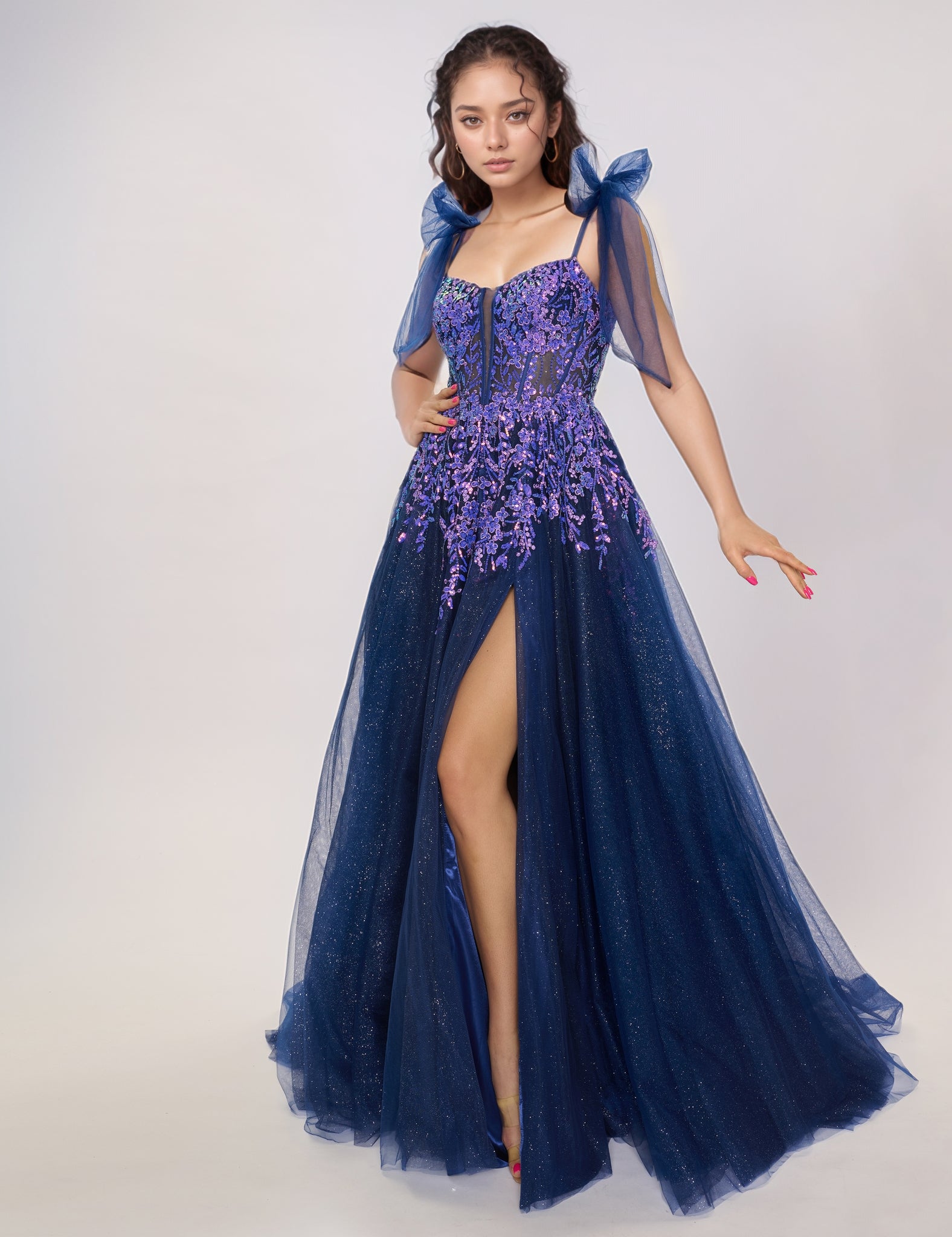 Nina Canacci 3269 Size 8 Navy Bow A Line Prom Dress Sheer Sequin Ballgown Formal Maxi Slit Gown Nina Canacci 3269 Size 8 Navy Bow A Line Prom Dress Sheer Sequin Ballgown Formal Maxi Slit Gown