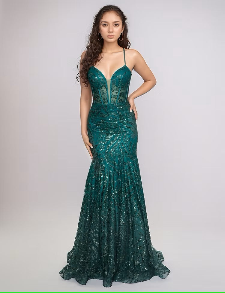 Nina Canacci 3277 Size 14 Green Sheer Corset Mermaid Prom Dress Sequin V Neck Formal Gown