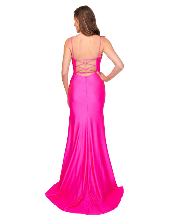 This Nina Canacci 4411 prom dress in size 8 features a vibrant fuchsia shimmer jersey fabric that catches the light beautifully. Designed with a flattering V-neck and a backless corset detail, it offers both elegance and support. The long silhouette is enhanced by a daring slit, adding a sophisticated yet bold touch to this formal gown, perfect for making a statement at any special occasion.

Size: 8

Color: Fuchsia