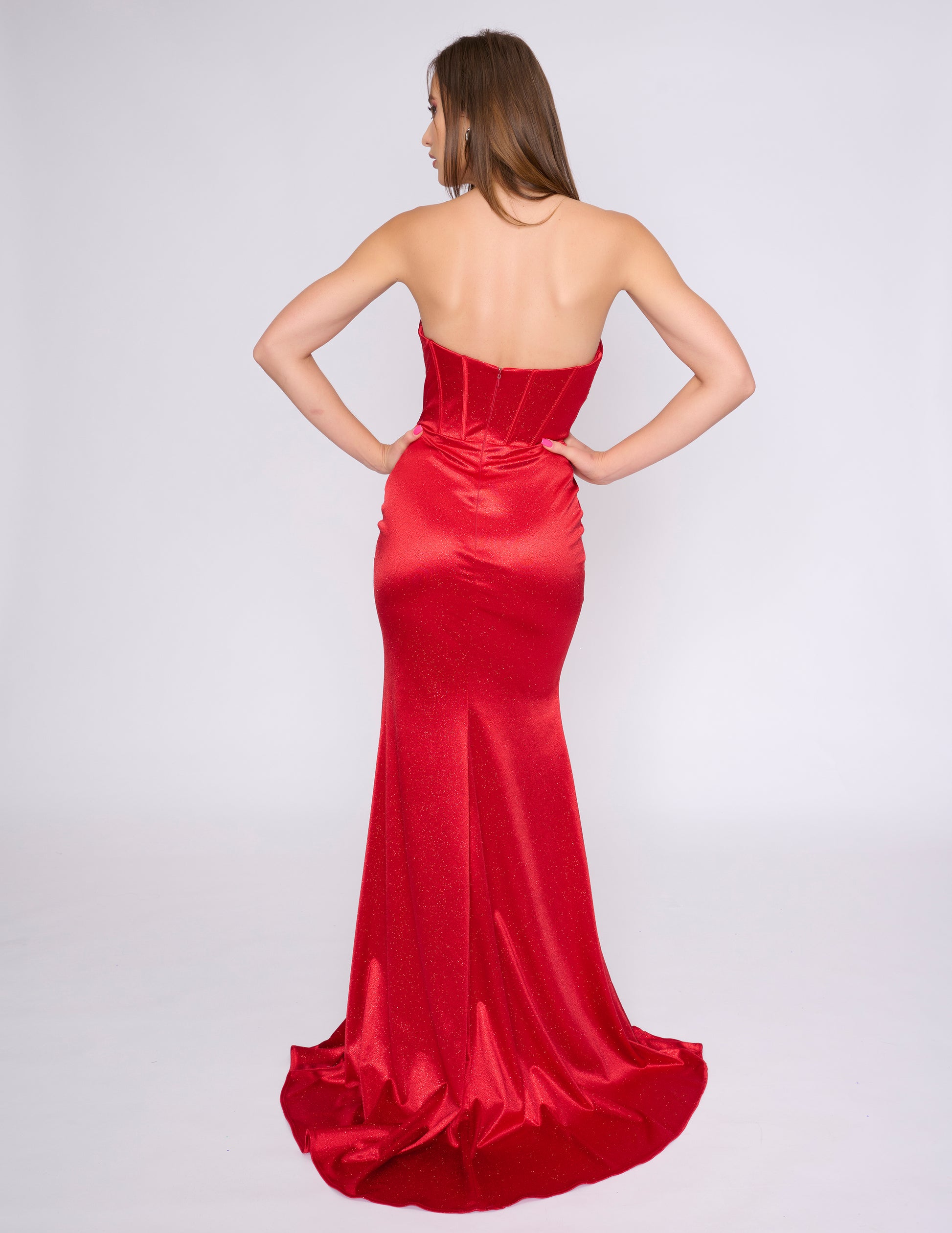 Nina Canacci 4425 Red Simple Fit and Flare Prom Dress Strapless Sweetheart Corset Slit