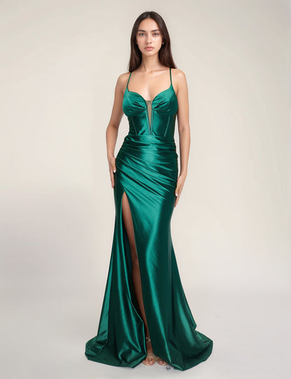 Nina Canacci 4435 size 2 Simple Green Satin Prom Dress V Neckline Cutout back fit and flare slit corset