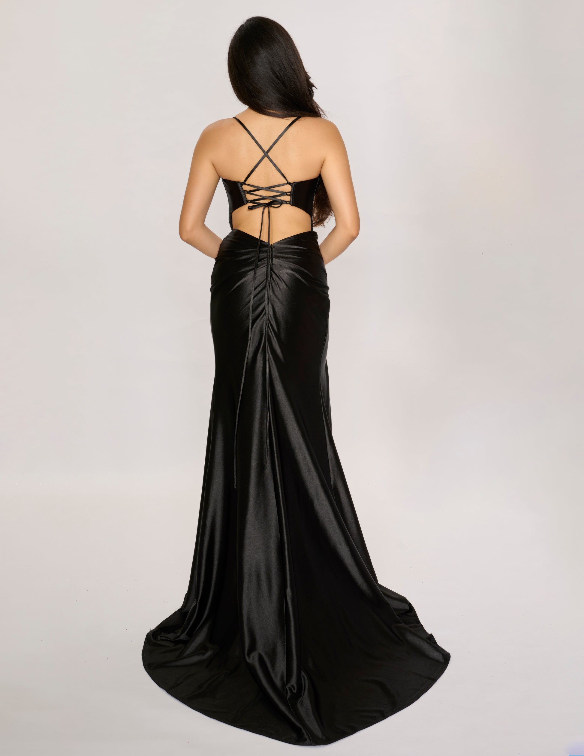 Nina Canacci 4435 size 4 Simple Black Satin Prom Dress V Neckline Cutout back fit and flare slit corset