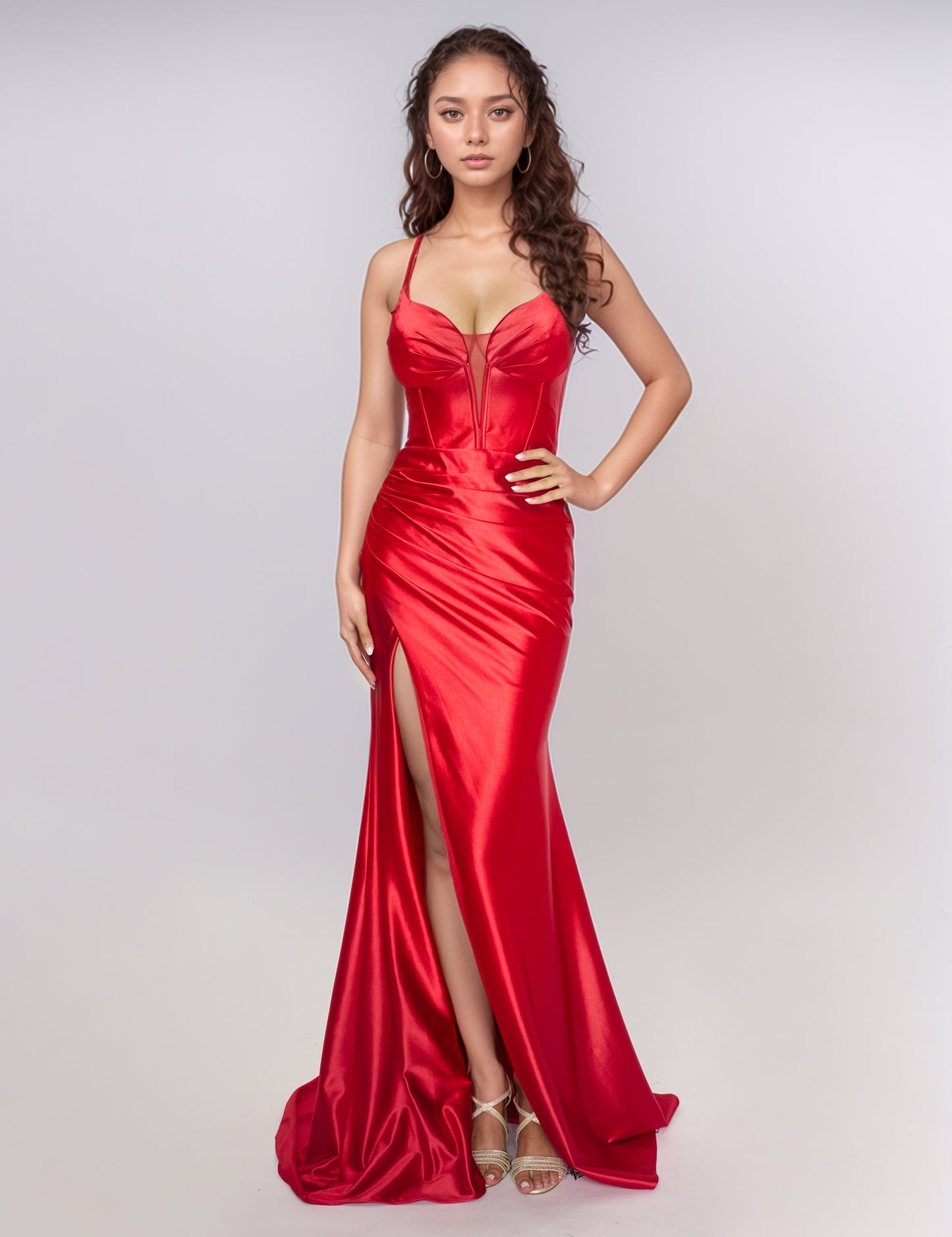 Nina Canacci 4435 size 4 Simple Red Satin Prom Dress V Neckline Cutout back fit and flare slit corset