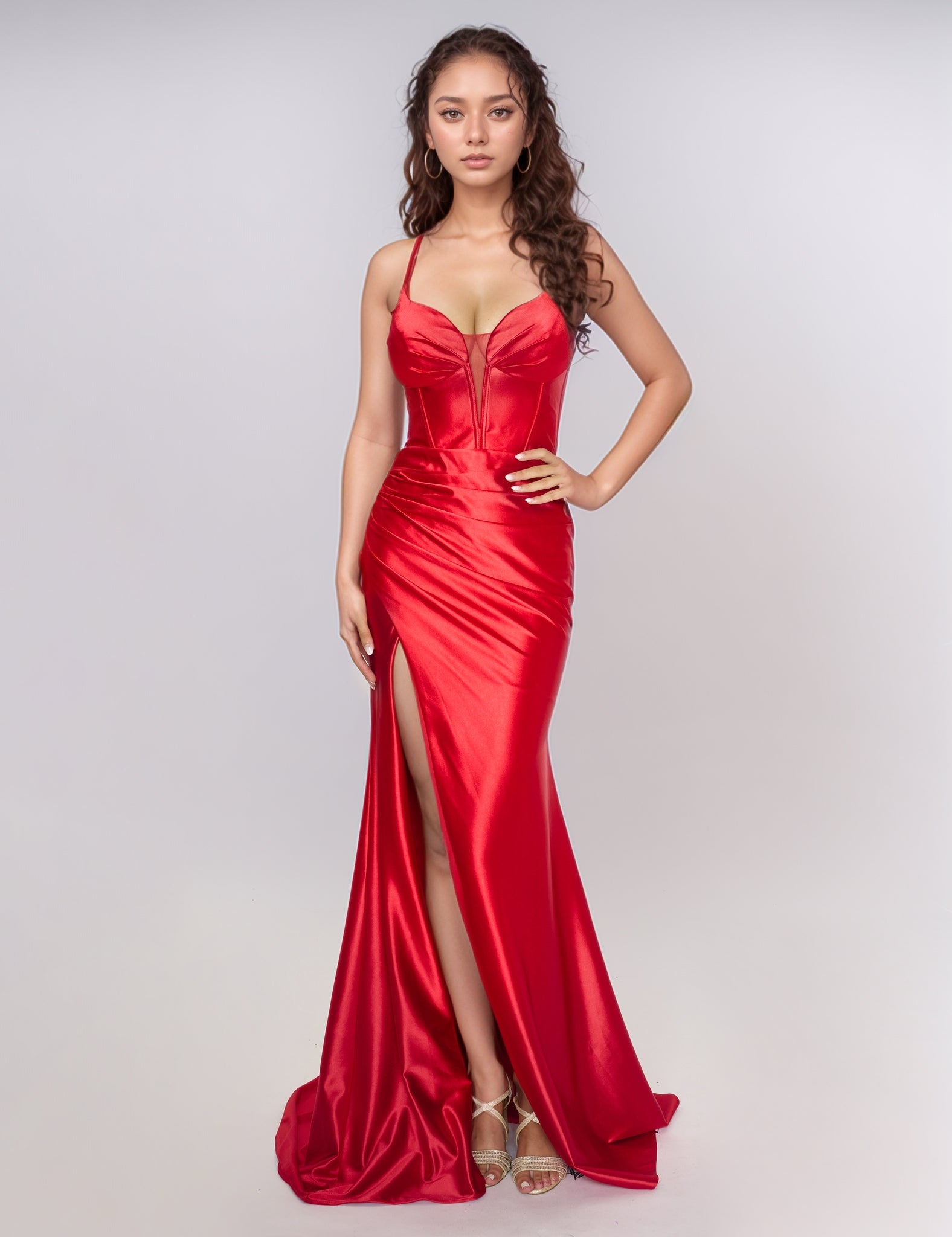 Nina Canacci 4435 size 4 Simple Red Satin Prom Dress V Neckline Cutout back fit and flare slit corset