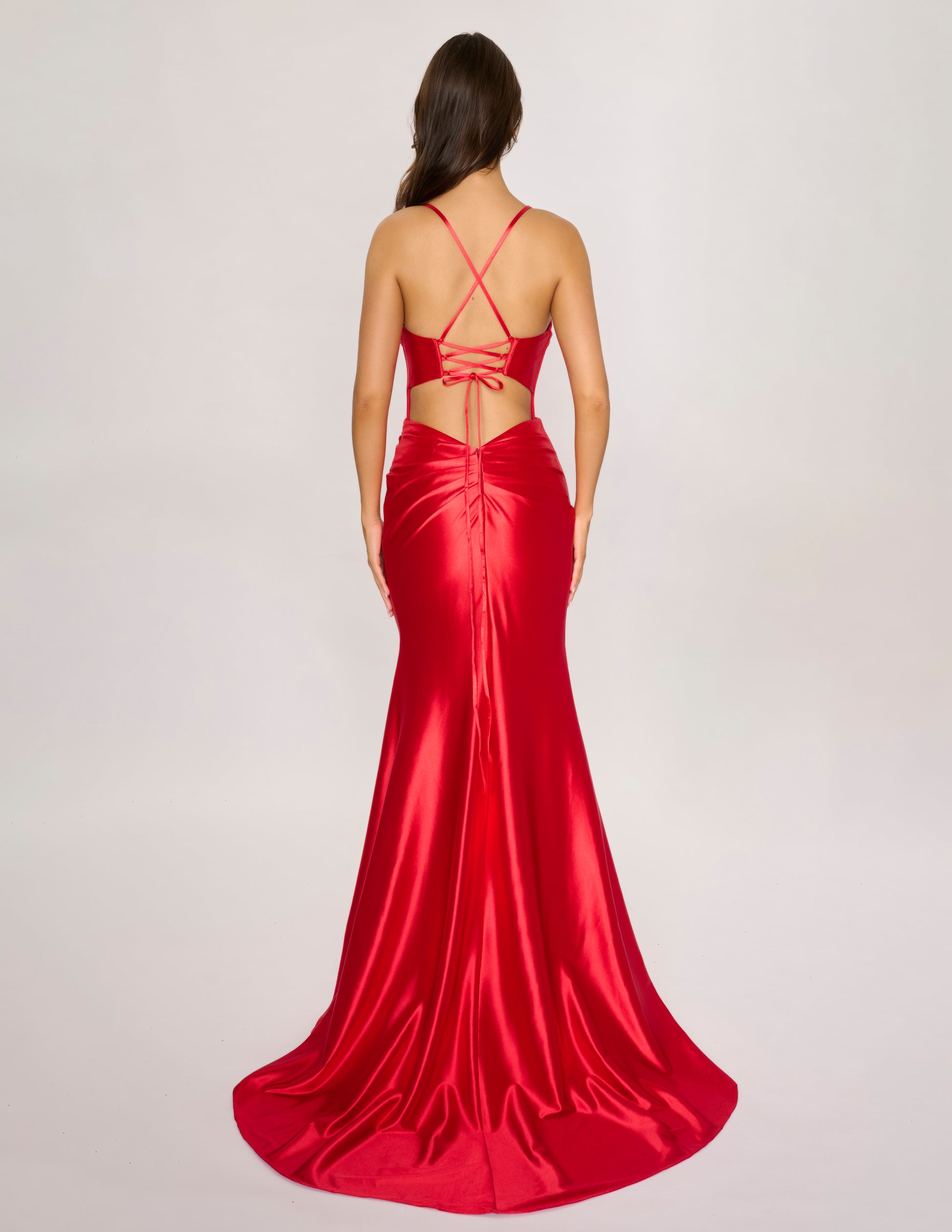 Nina Canacci 4435 size 4 Simple Red Satin Prom Dress V Neckline Cutout back fit and flare slit corset