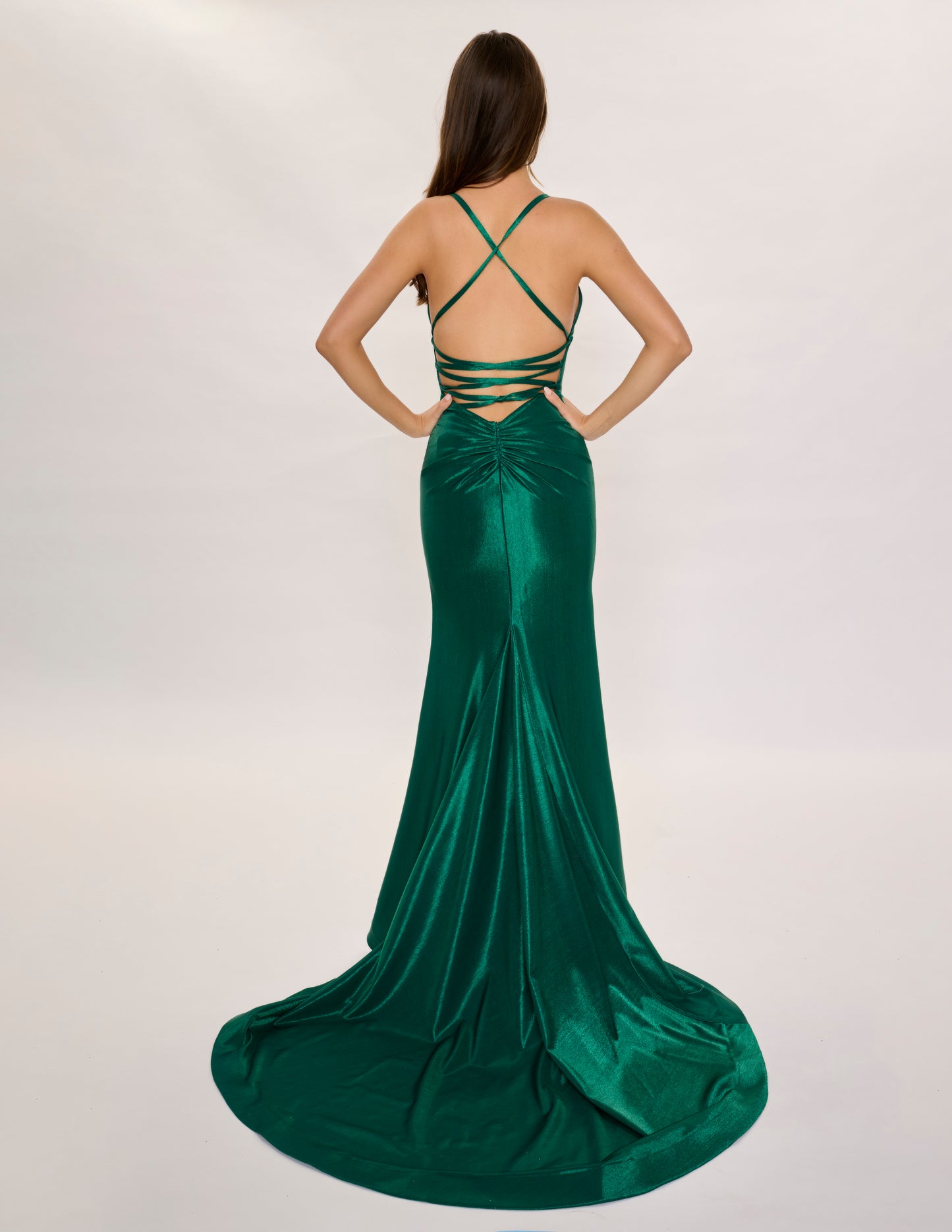 Nina Canacci 6632 Emerald Backless Fitted Prom Dress V Neck Formal Evening Gown Corset