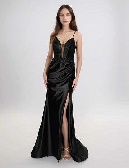Nina Canacci 6687 Black Long Fitted Crystal Corset Prom Dress Formal Evening Gown Slit V Neck