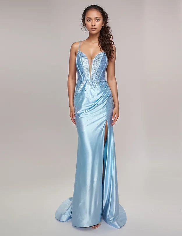 Nina Canacci 6687 Light Blue Long Fitted Crystal Corset Prom Dress Formal Evening Gown Slit V Neck