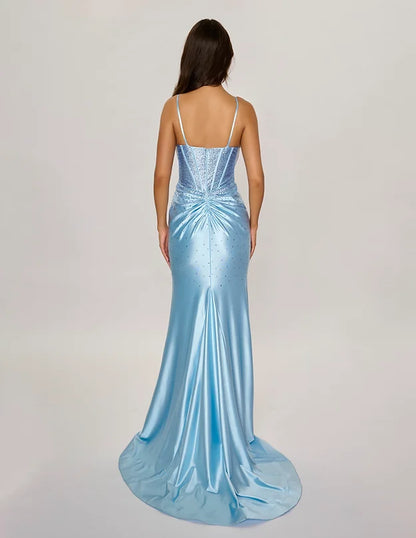 Nina Canacci 6687 Light Blue Long Fitted Crystal Corset Prom Dress Formal Evening Gown Slit V Neck