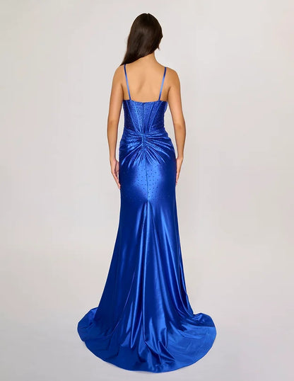 Nina Canacci 6687 Long Royal Blue Fitted Crystal Corset Prom Dress Formal Evening Gown Slit V Neck