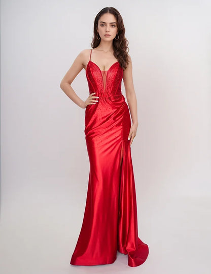 Nina Canacci 6687 Red Long Fitted Crystal Corset Prom Dress Formal Evening Gown Slit V Neck