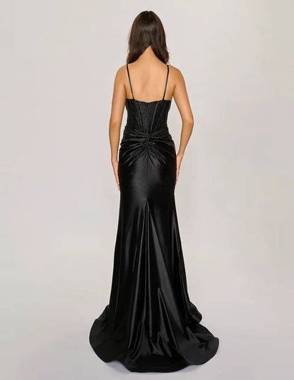 Nina Canacci 6687 Size 4,6,8,10,12 Black Long Fitted Crystal Corset Prom Dress Formal Evening Gown Slit V Neck