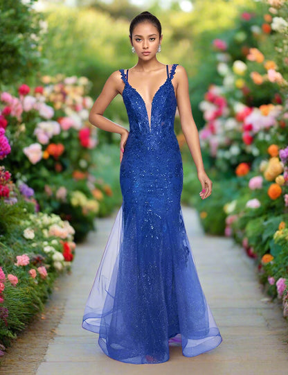 Nina Canacci 7600 Prom Dress Mermaid Lace Plunging V Neckline Corset Lace Straps
