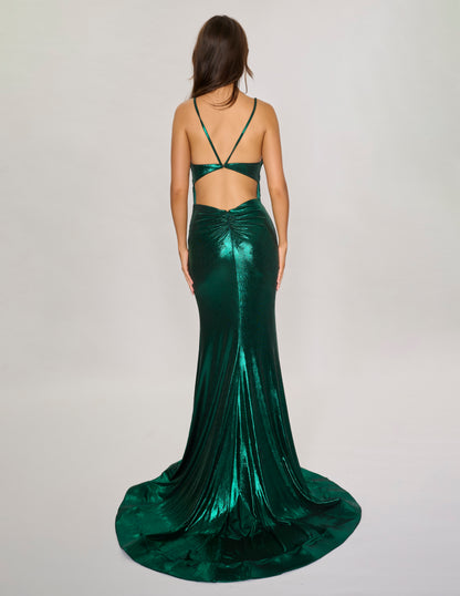 Nina Canacci 7605 Metallic Shimmer Prom Dress Sweetheart Neckline Cut Out Back Long Ruched Evening Gown Slit