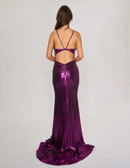 Nina Canacci 7605 Metallic Shimmer Prom Dress Sweetheart Neckline Cut Out Back Long Ruched Evening Gown Slit