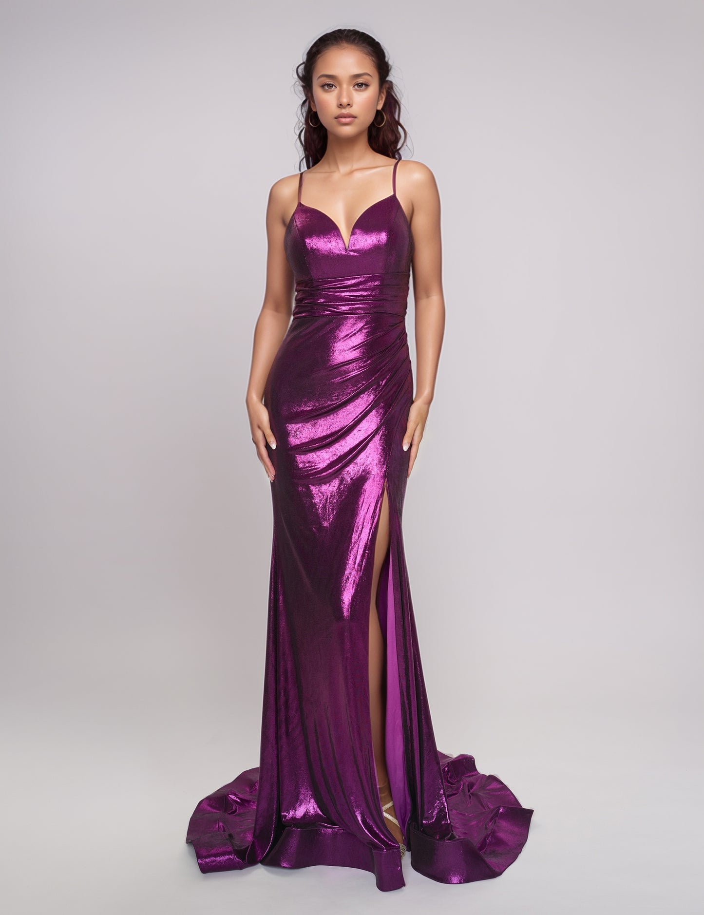 Nina Canacci 7605 Metallic Shimmer Prom Dress Sweetheart Neckline Cut Out Back Long Ruched Evening Gown Slit