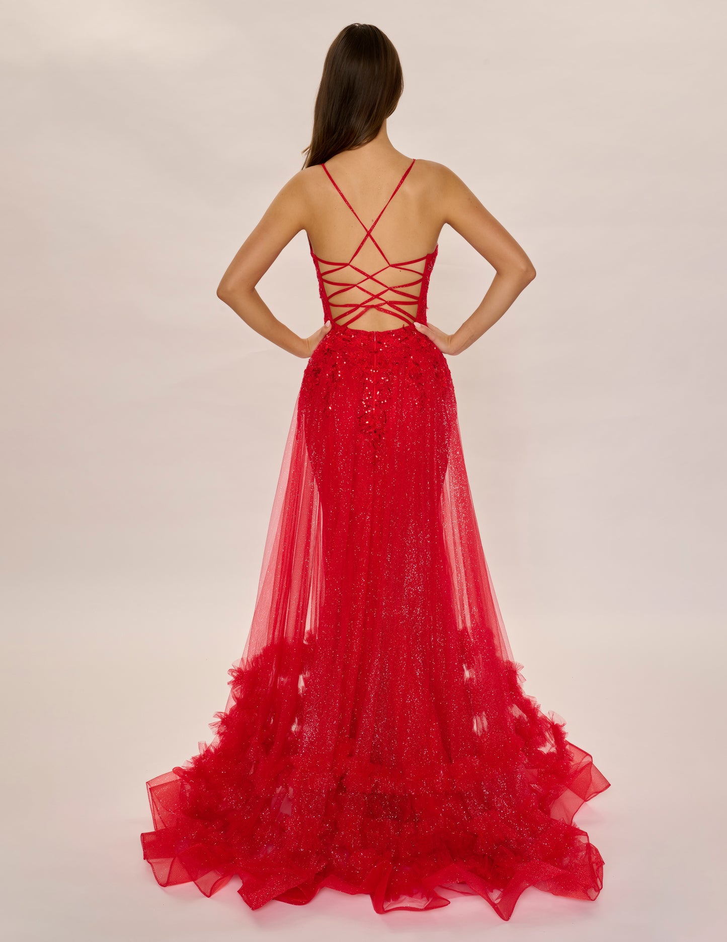 Nina Canacci 7607 Sheath Prom Dress with Bougie Sheer A Line Overskirt with Ruffles Sequin V Neckline Corset Lace Up Back