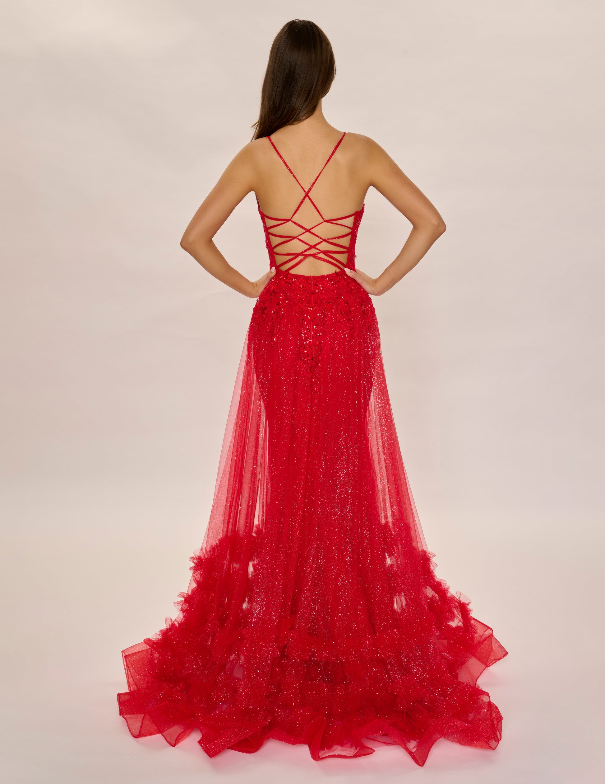 Nina Canacci 7607 Sheath Prom Dress with Bougie Sheer A Line Overskirt with Ruffles Sequin V Neckline Corset Lace Up Back