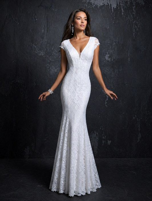 Nina Canacci 1279 size 2, 4, 6, 8, 10 Ivory v neckline cap sleeves with circle cutout back lace fitted mermaid wedding dress destination bridal gown prom dress.&nbsp; Reception Bridal Gown, Backless

&nbsp;Available Sizes: 2, 4, 8, 10

Available Colors: Ivory